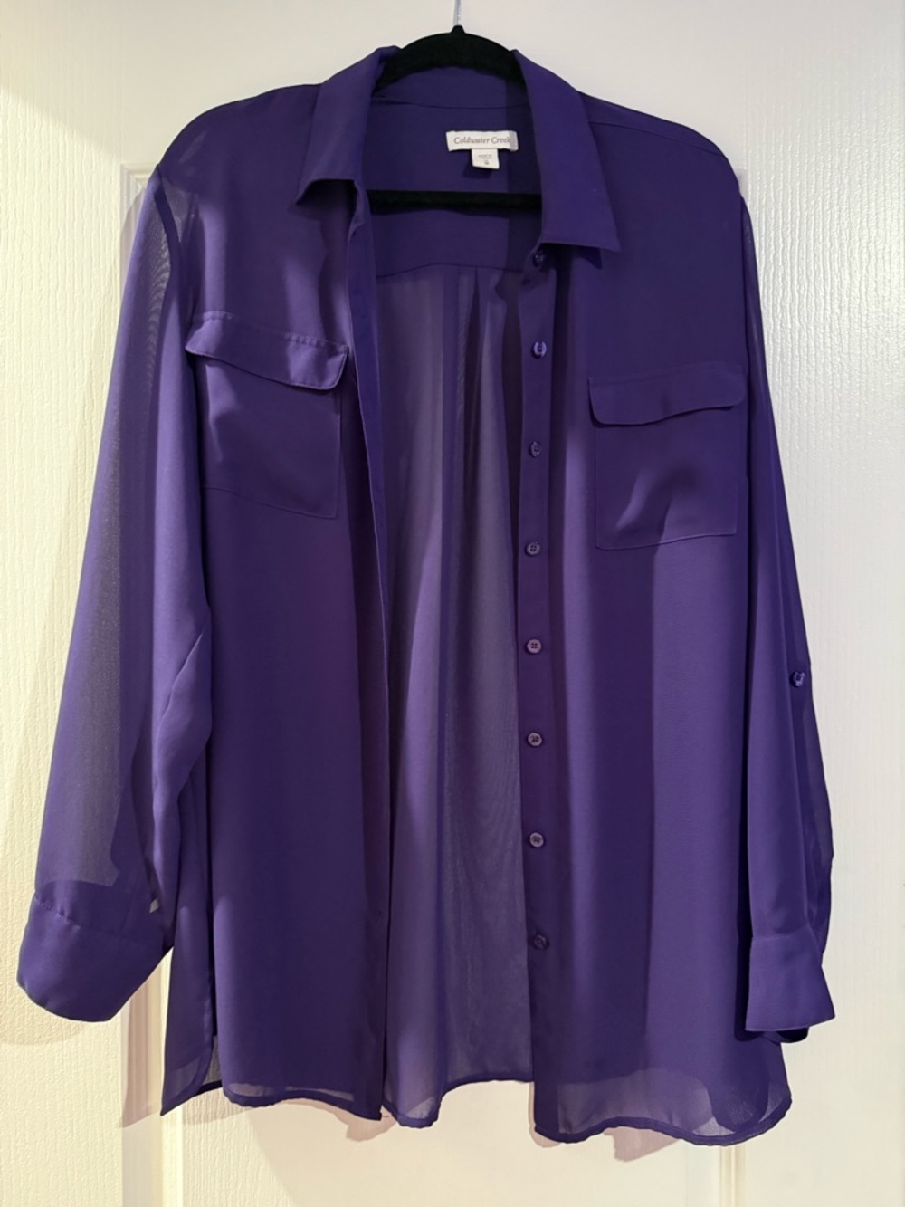 Coldwater Creek Purple Button Down Sheer Blouse featuring flap-patch pockets XL